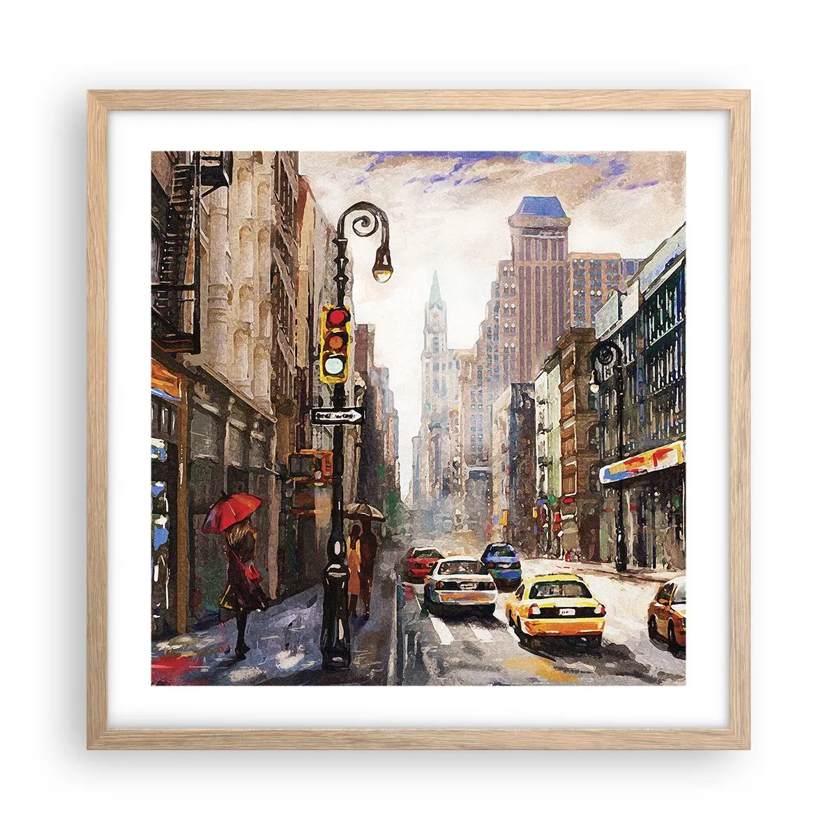Plakat i ramme af lyst egetræ - New York - også farverig i regnvejr - 50x50 cm