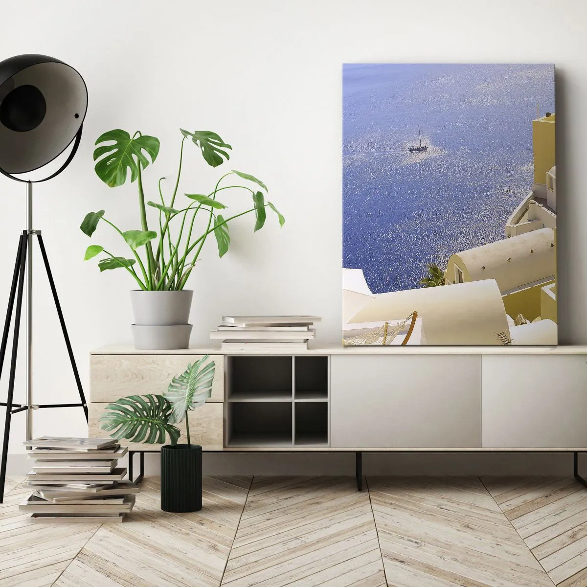 Lærredstryk - Billede på lærred - Græsk landskab i hvid og blå - 80x120 cm