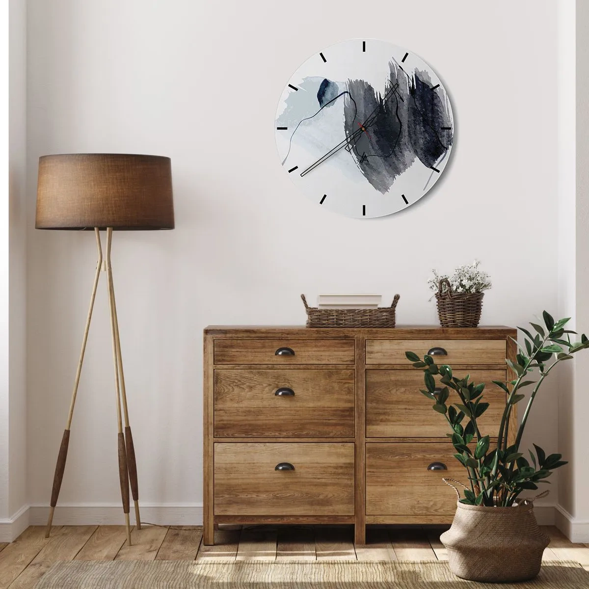 Vægur, Uret - Mørkeblå akvarelpletter på en lys baggrund - 30x30cm - Intensitet og bevægelse - Moderne vægdekoration til stue, køkken og soveværelse ARTTOR