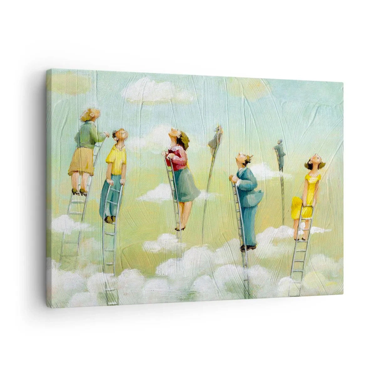 Lærredstryk - Billede på lærred - Figurer, der klatrer op ad stiger blandt skyer på en pastelbaggrund. - 70x50cm - Bag din drøm - Moderne vægdekoration til stue og soveværelse ARTTOR