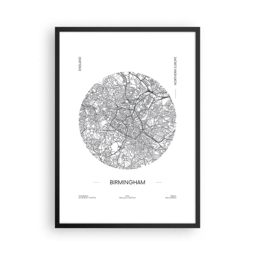 Plakat i sort ramme - Et minimalistisk sort-hvidt kort over Birmingham - 50x70cm - Birminghams anatomi - Moderne vægdekoration til stue og soveværelse ARTTOR