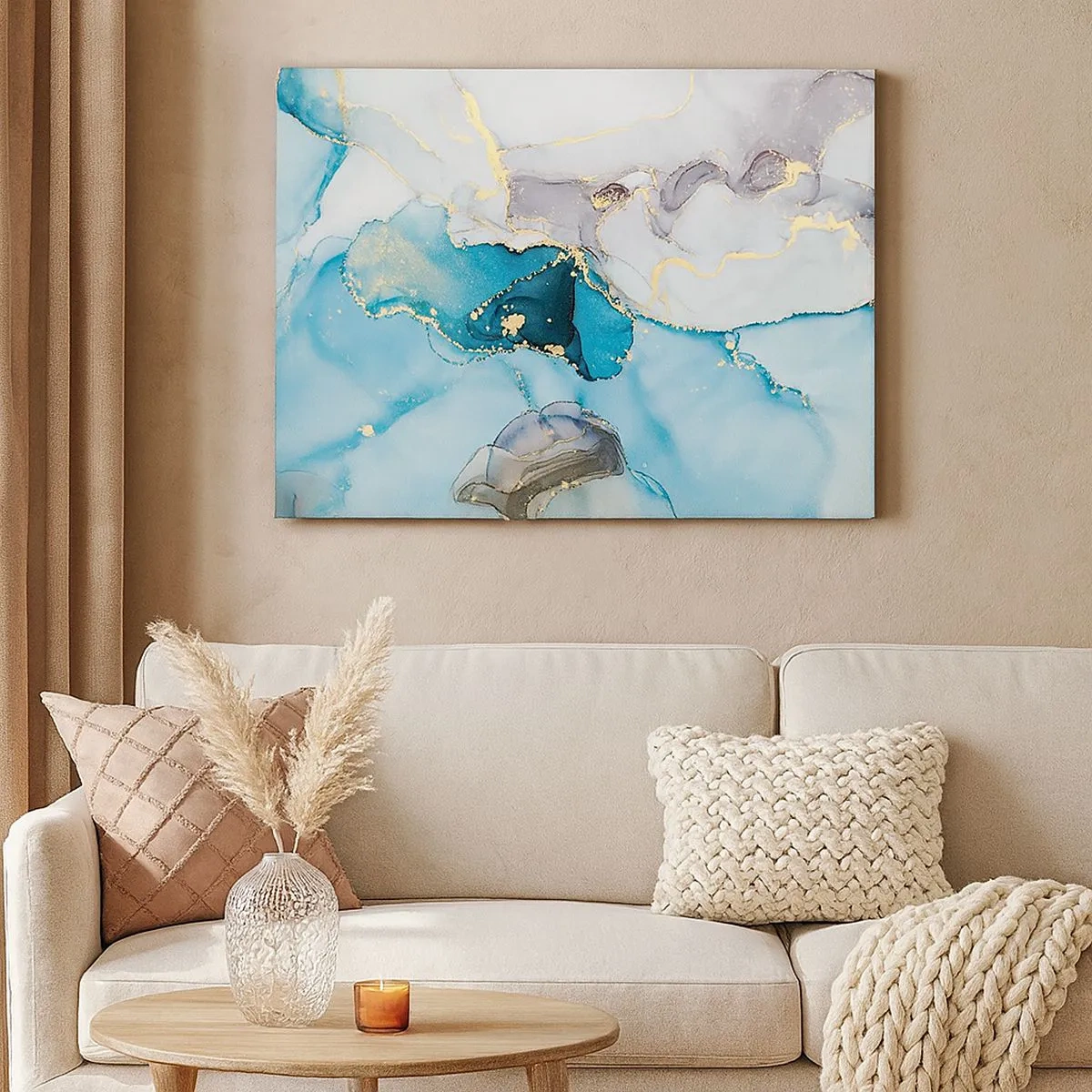 Lærredstryk - Billede på lærred - Abstraktion i nuancer af blå og guld med diskrete linjer - 70x50cm - En undersøgelse af mødet mellem grå og turkis - Moderne vægdekoration til stue og soveværelse ARTTOR