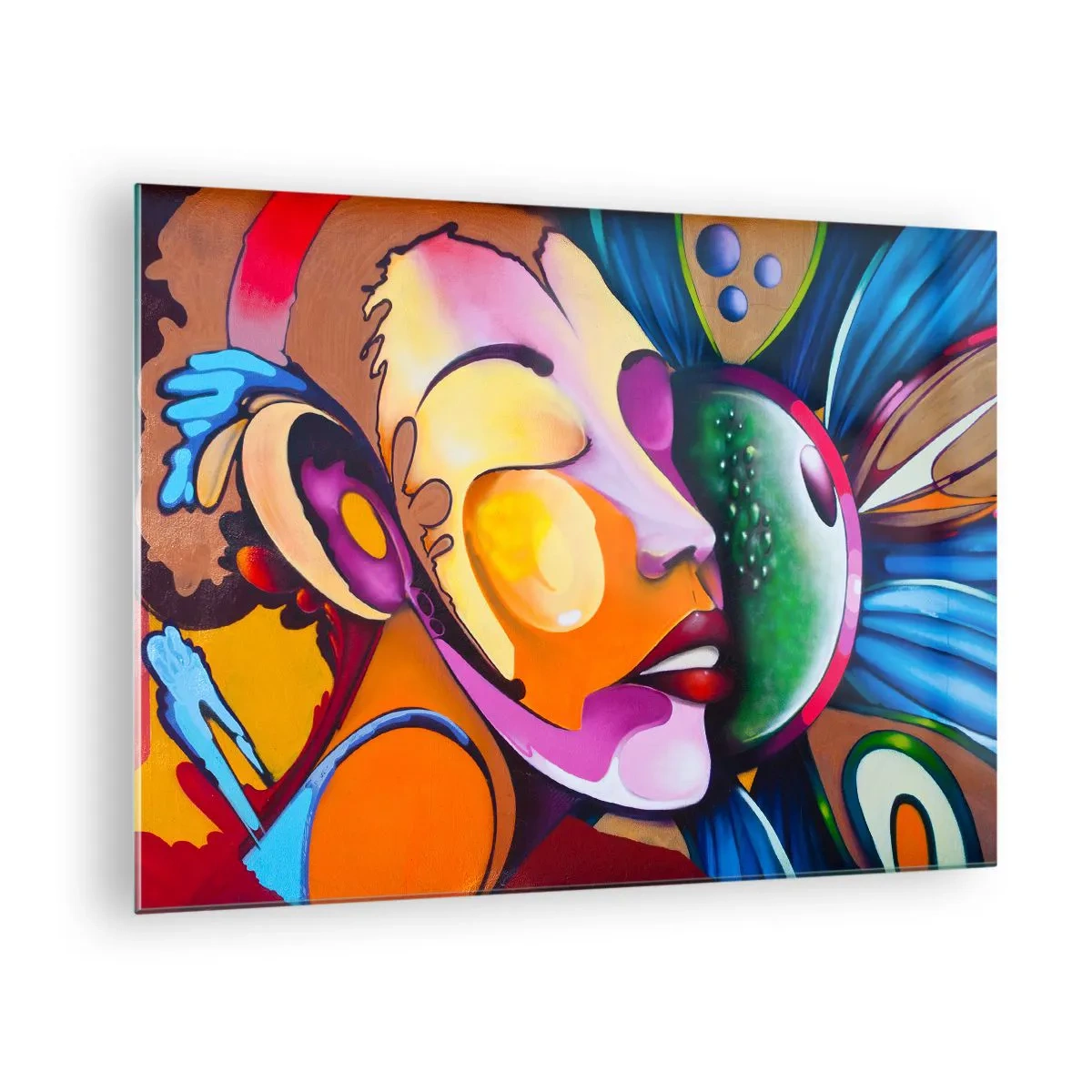 Billede på glas - Farverig abstraktion af ansigter i street art-stil - 70x50cm - Berør med farve - Moderne vægdekoration til stue og soveværelse ARTTOR