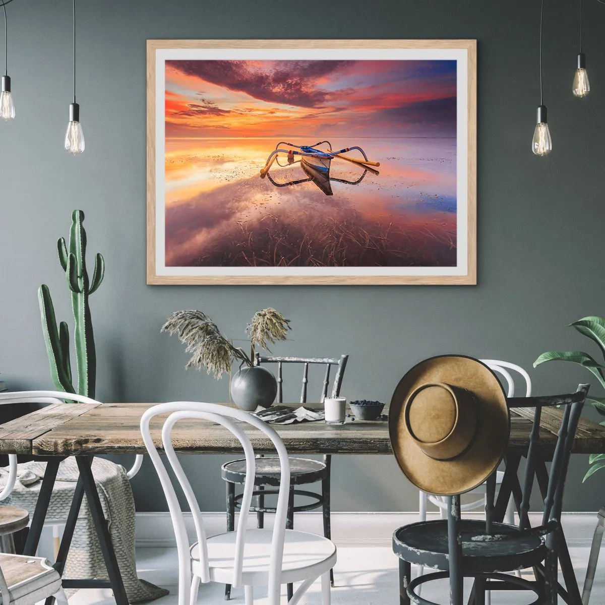 Plakat i ramme af lyst egetræ - Roen ved en tropisk aften - 91x61 cm