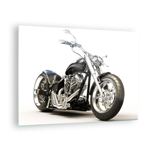 Billede på glas - En sort chopper-motorcykel på en lys baggrund - 70x50cm - Styrke med karakter - Moderne vægdekoration til stue og soveværelse ARTTOR