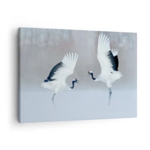 Lærredstryk - Billede på lærred - To traner danser i et tåget landskab - 70x50cm - Danser i tågen - Moderne vægdekoration til stue og soveværelse ARTTOR