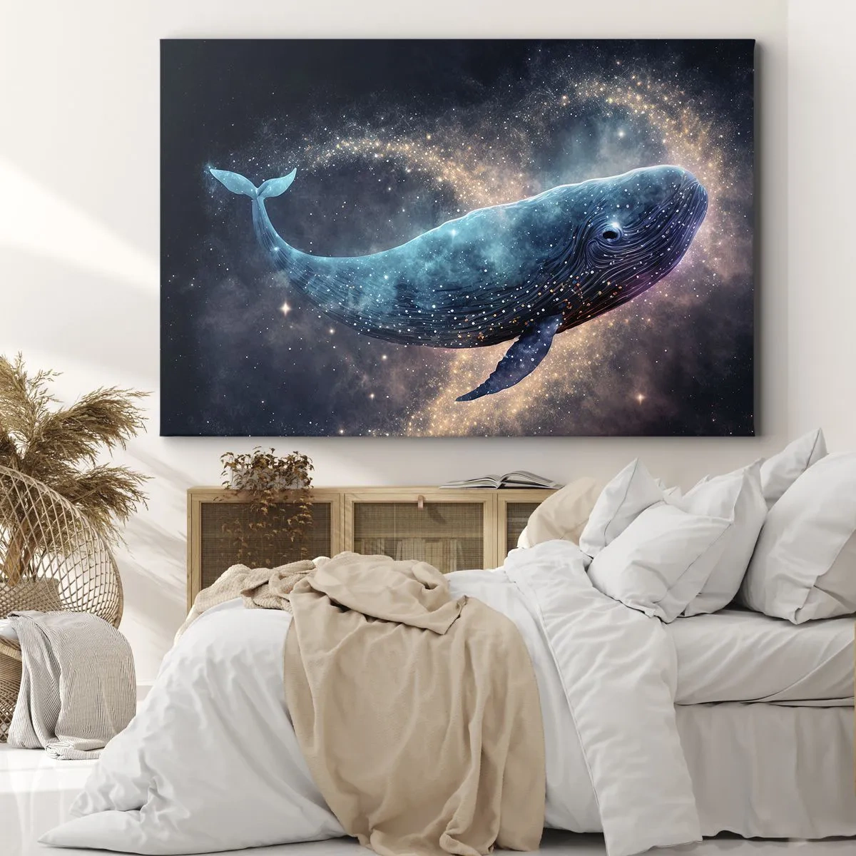 Lærredstryk - Billede på lærred - En rumhval med en galakse i baggrunden - 70x50cm - Der findes en verden... - Moderne vægdekoration til stue og soveværelse ARTTOR