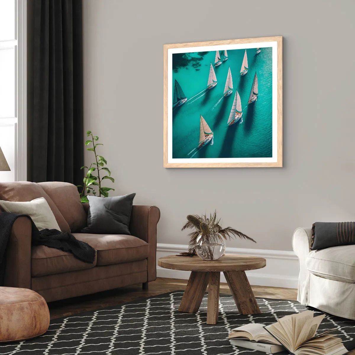 Plakat i ramme af lyst egetræ - Konkurrerer med vinden - 50x50 cm