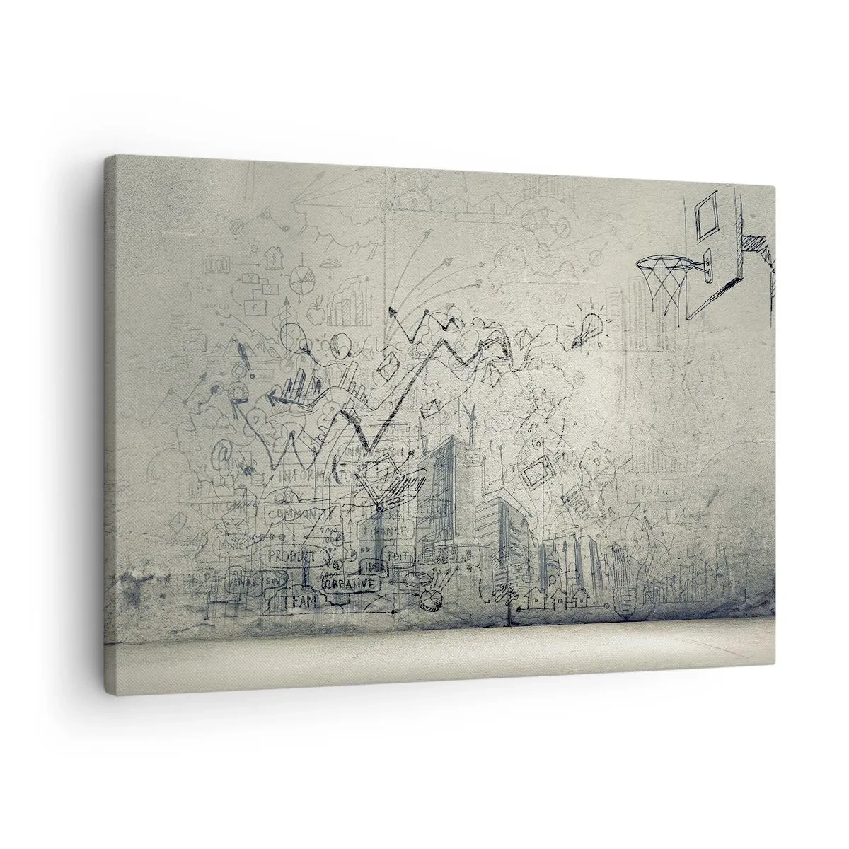 Lærredstryk - Billede på lærred - Tegninger og diagrammer mod baggrunden af en rå væg - 70x50cm - Mit vidunderlige byliv - Moderne vægdekoration til stue og soveværelse ARTTOR