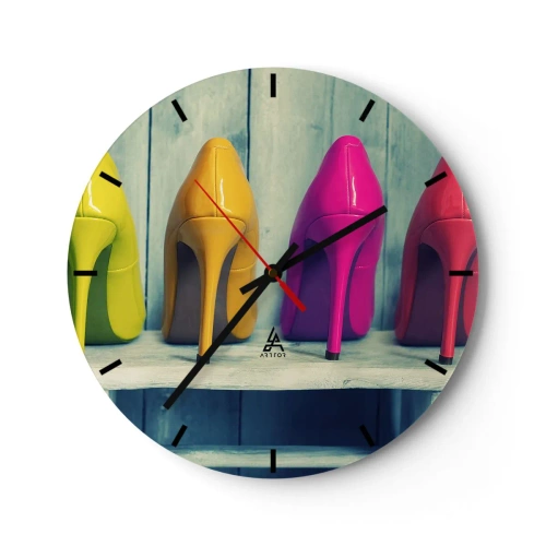 Vægur, Uret - Farverige nåle på en træhylde med en lys baggrund - 30x30cm - Gå på en regnbue - Moderne vægdekoration til stue, køkken og soveværelse ARTTOR