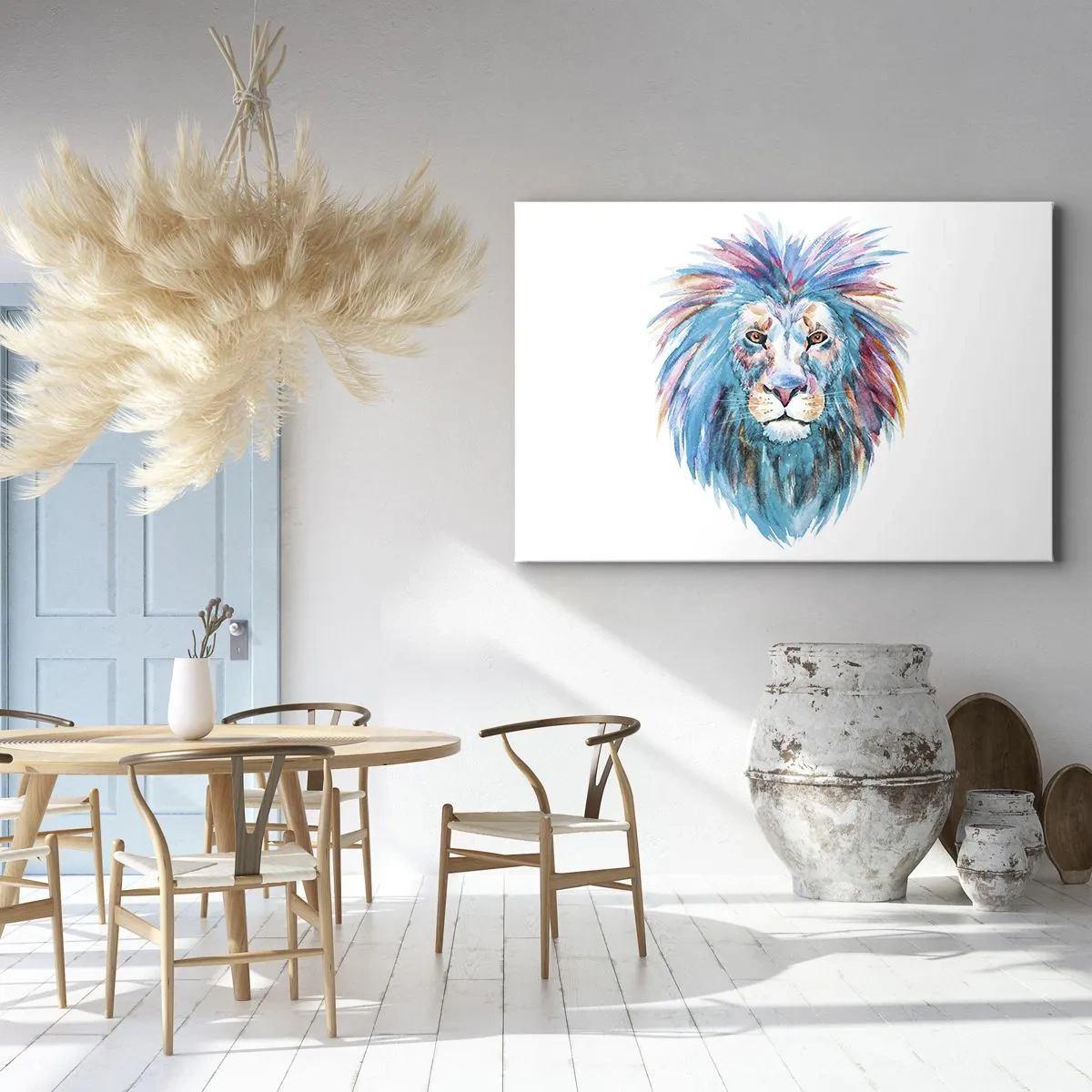 Lærredstryk - Billede på lærred - Akvarelportræt af en løve i levende farver - 70x50cm - En elektrificerende aura - Moderne vægdekoration til stue og soveværelse ARTTOR