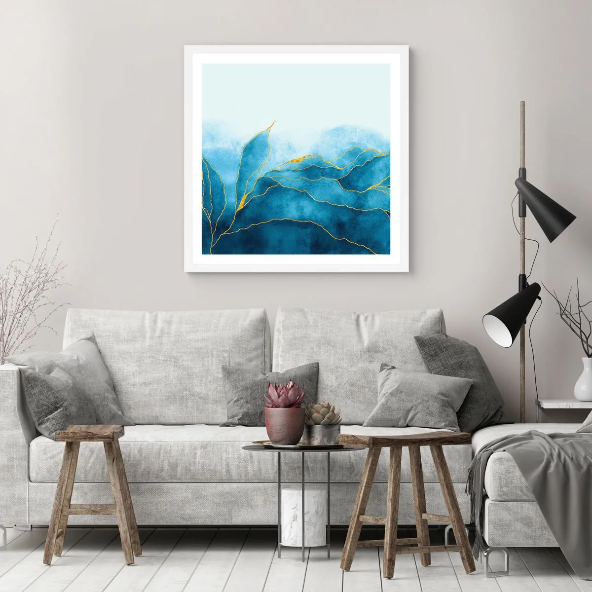 Plakat i hvid ramme - Blå i guld - 30x30 cm