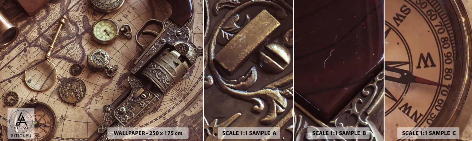 Prøve Fototapet Selvklæbende Deluxe Sticker - Opkald til eventyr - Verdenskort, Kompas, Revolver - 100x30 cm