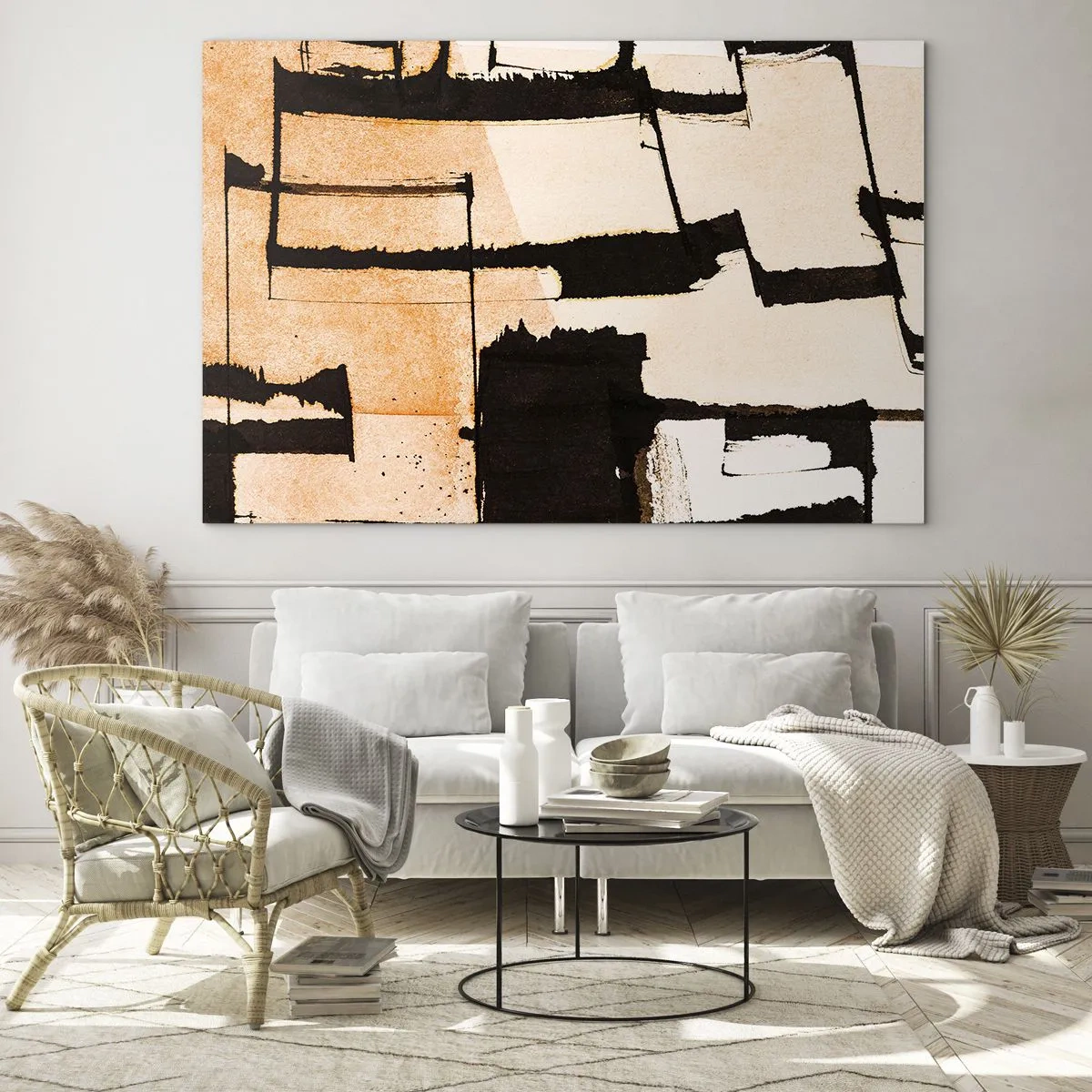 Billede på glas - Geometrisk abstraktion i beige og sorte nuancer - 70x50cm - Og alligevel orden - Moderne vægdekoration til stue og soveværelse ARTTOR