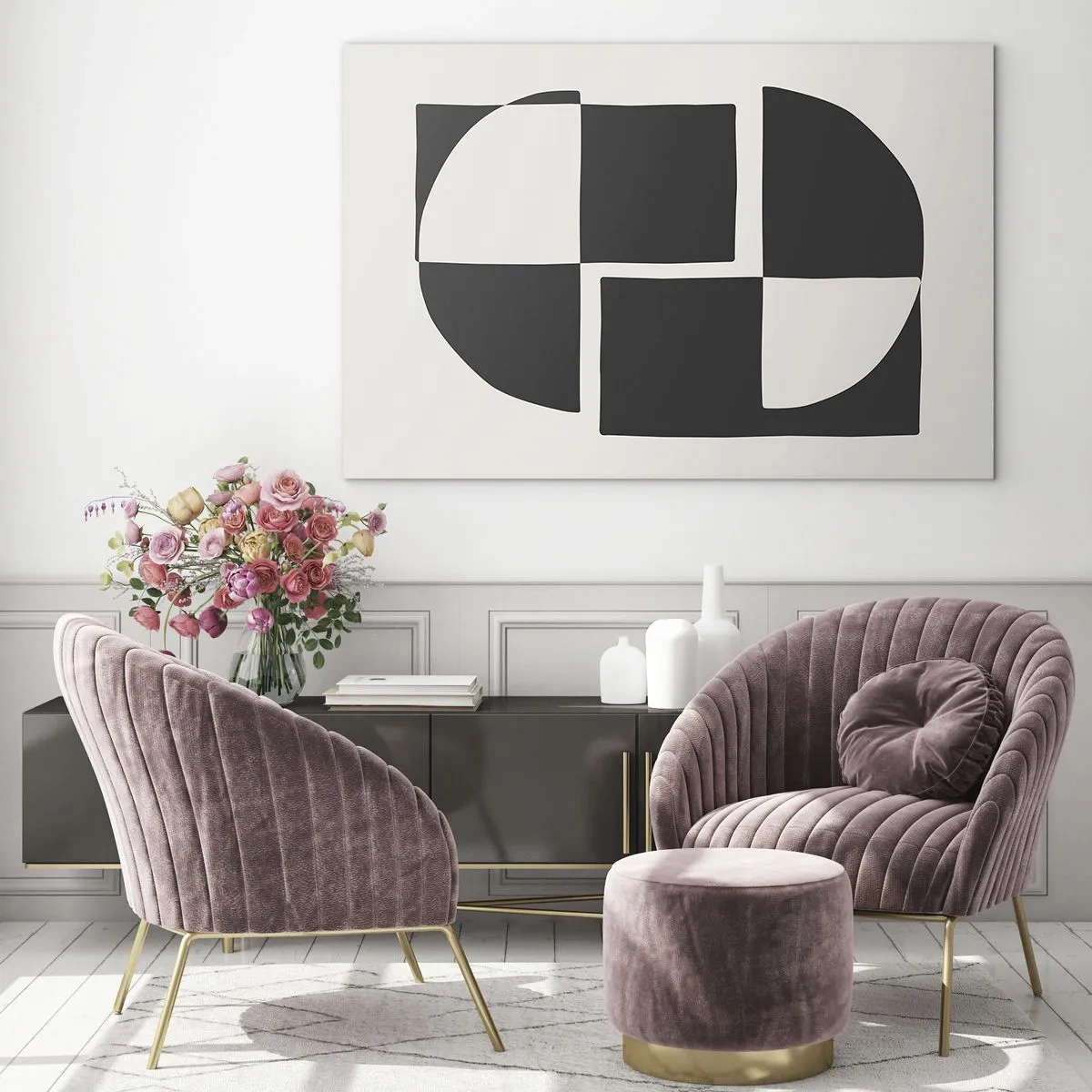 Billede på glas - Geometrisk komposition af sorte og hvide former - 70x50cm - Antitese - syntese - Moderne vægdekoration til stue og soveværelse ARTTOR