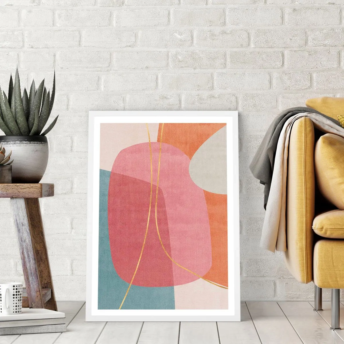 Plakat i hvid ramme - Pastelkomposition med guldtråd - 61x91 cm