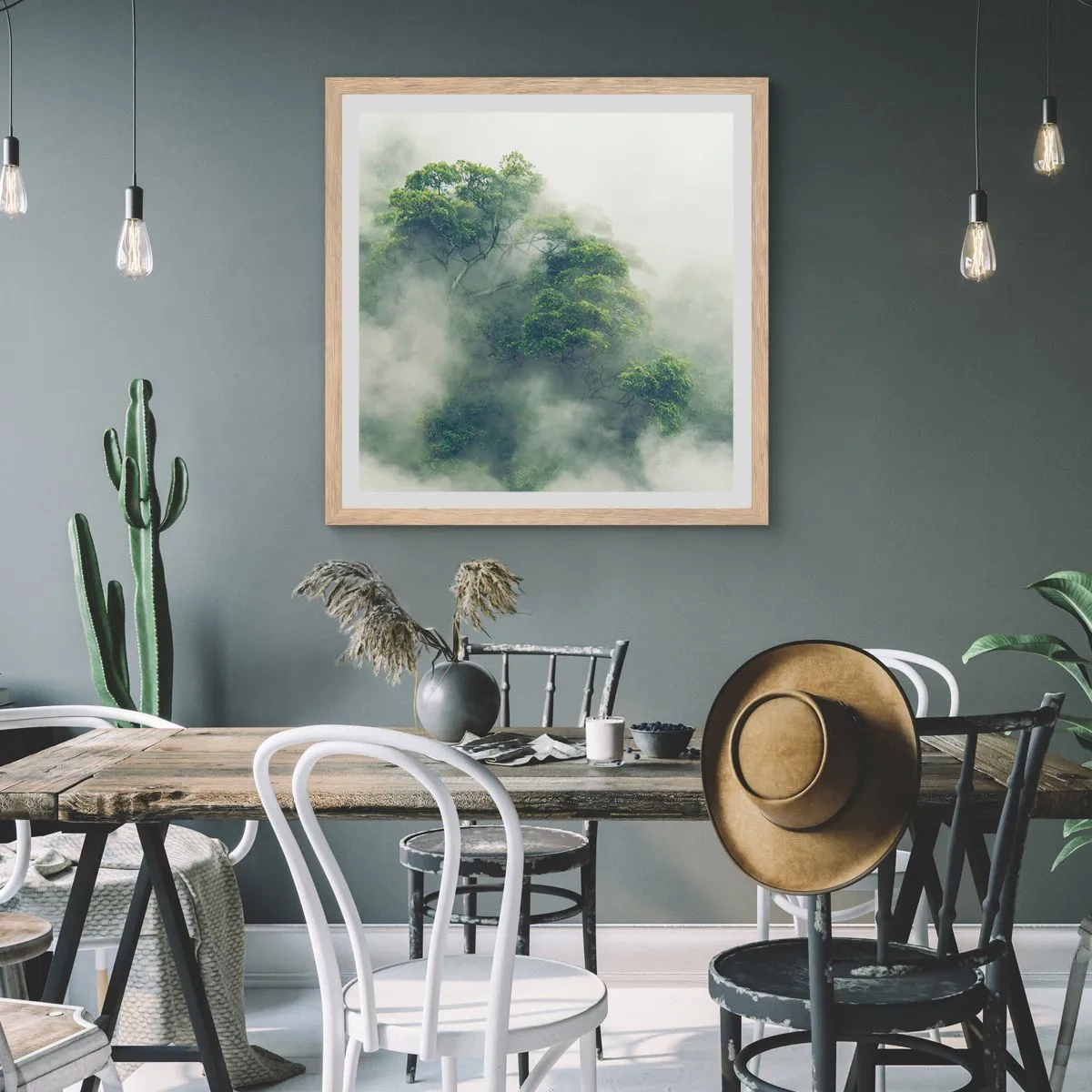 Plakat i ramme af lyst egetræ - Pakket ind i tåge - 60x60 cm