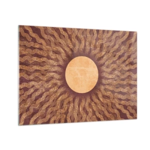 Billede på glas - En stiliseret sol med stråler i form af bølgede linjer på en brun baggrund. - 70x50cm - Ikon for solen - Moderne vægdekoration til stue og soveværelse ARTTOR