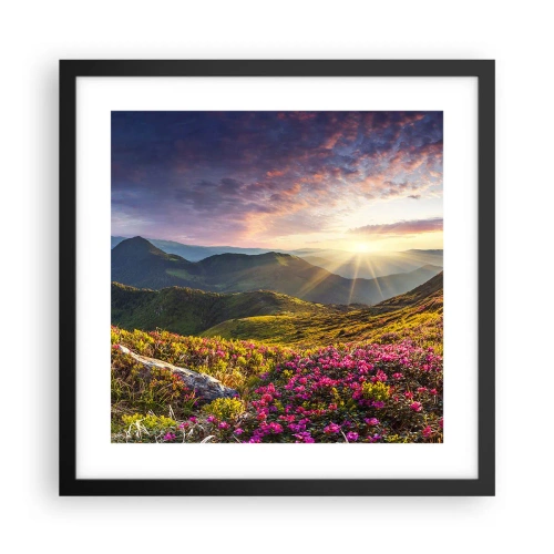 Plakat i sort ramme - Friskheden af en morgen i bjergene - 40x40 cm