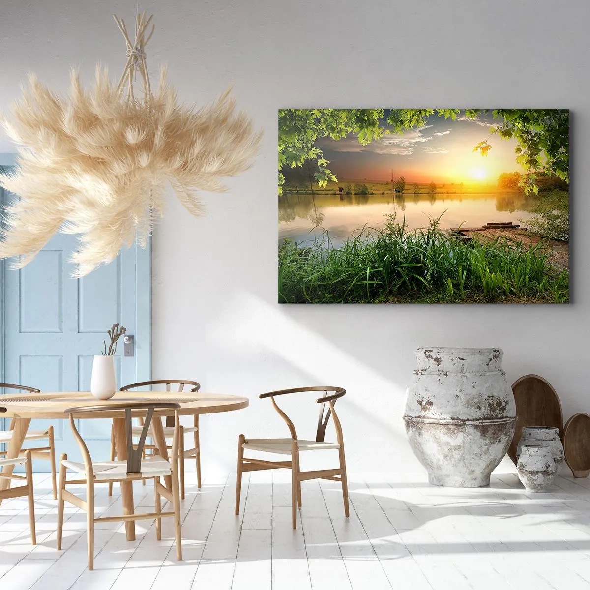Lærredstryk - Billede på lærred - Grønt landskab med en sø ved solnedgang - 70x50cm - Landskab i en grøn ramme - Moderne vægdekoration til stue og soveværelse ARTTOR