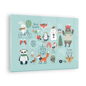 Billede på glas - Juledyrillustrationer på en pastelbaggrund - 70x50cm - Må det altid være jul allerede nu! - Moderne vægdekoration til stue og soveværelse ARTTOR