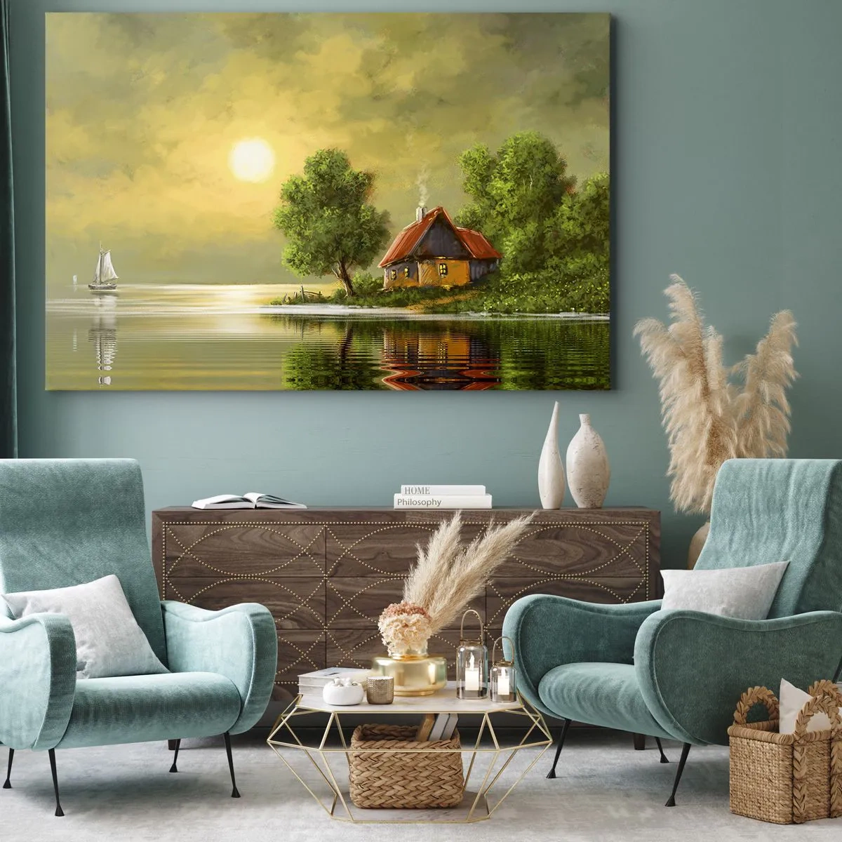 Lærredstryk - Billede på lærred - Søhus i solnedgangslys - 70x50cm - Smukt, som fra et billede - Moderne vægdekoration til stue og soveværelse ARTTOR