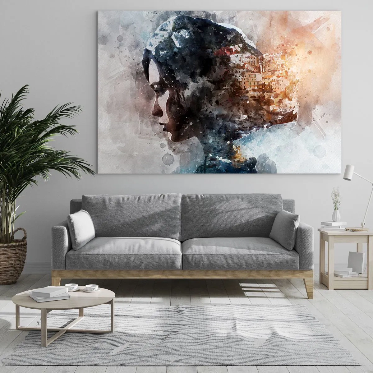 Billede på glas - En profil i akvarelstil af en kvinde med en by i baggrunden. - 70x50cm - Historien om en pige med en by i baggrunden - Moderne vægdekoration til stue og soveværelse ARTTOR