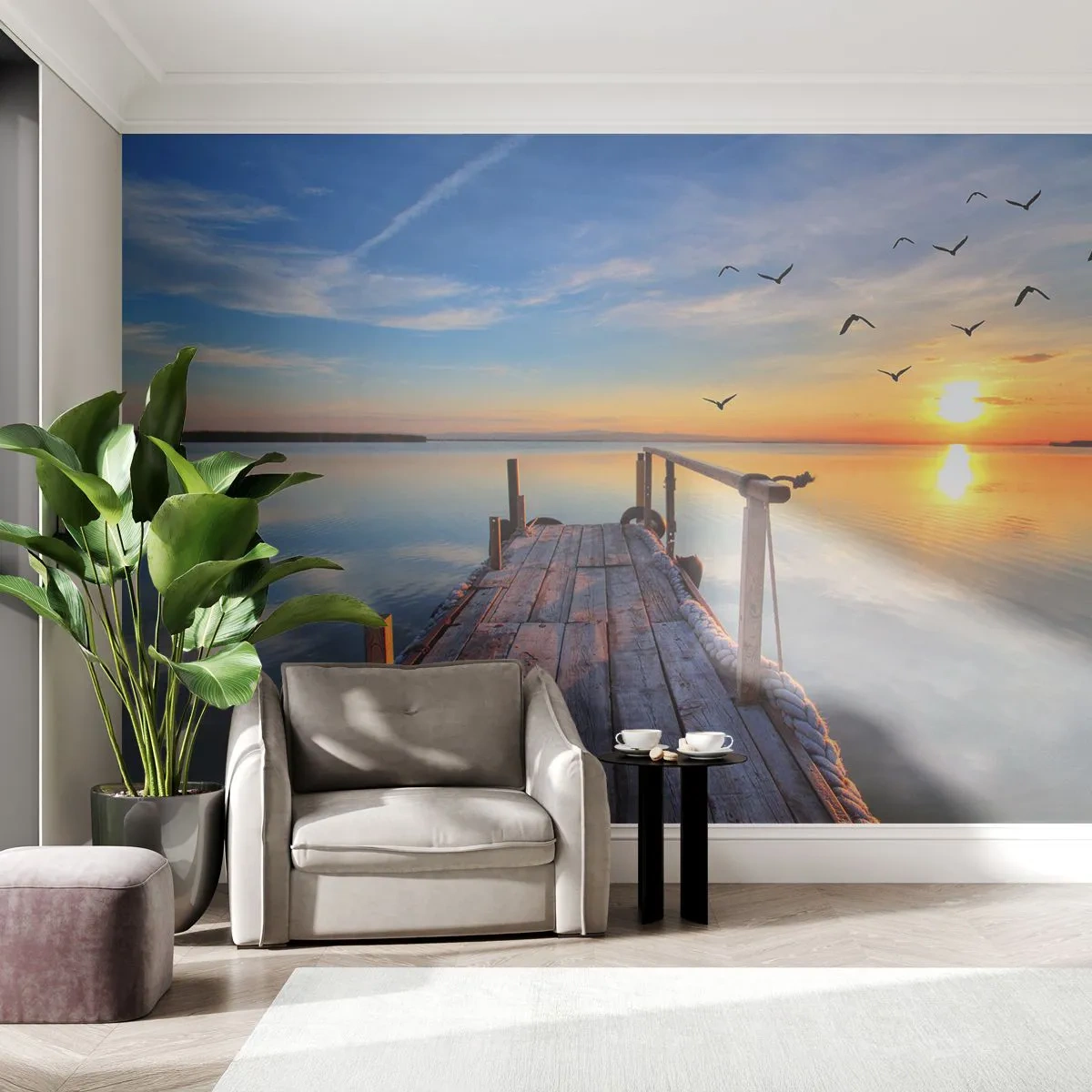 Fototapet Selvklæbende Deluxe Sticker - Går fremad mod solen - Landskab, Sø, træbro - 150x105 cm