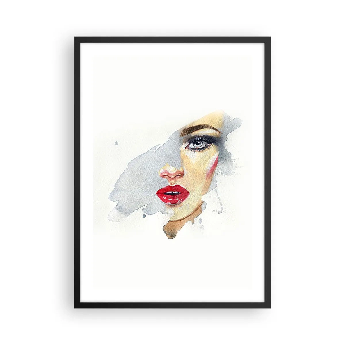 Plakat i sort ramme - Akvarelportræt af en kvinde med røde læber - 50x70cm - Refleksion i en vanddråbe - Moderne vægdekoration til stue og soveværelse ARTTOR