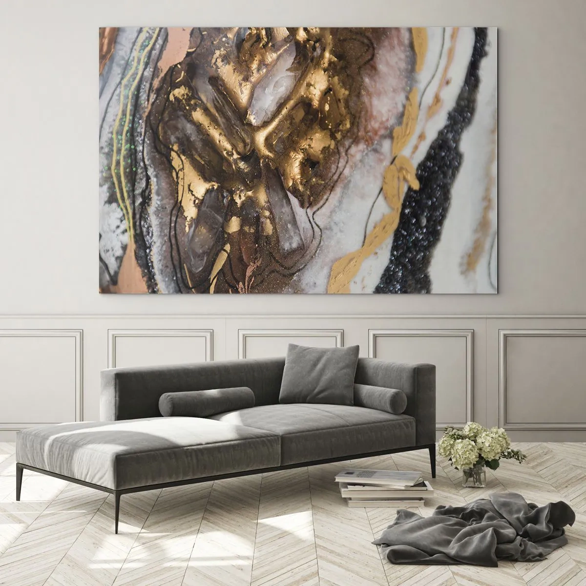 Billede på glas - Et abstrakt maleri i nuancer af guld, brun og hvid med en minerallignende tekstur. - 70x50cm - Jord element - Moderne vægdekoration til stue og soveværelse ARTTOR