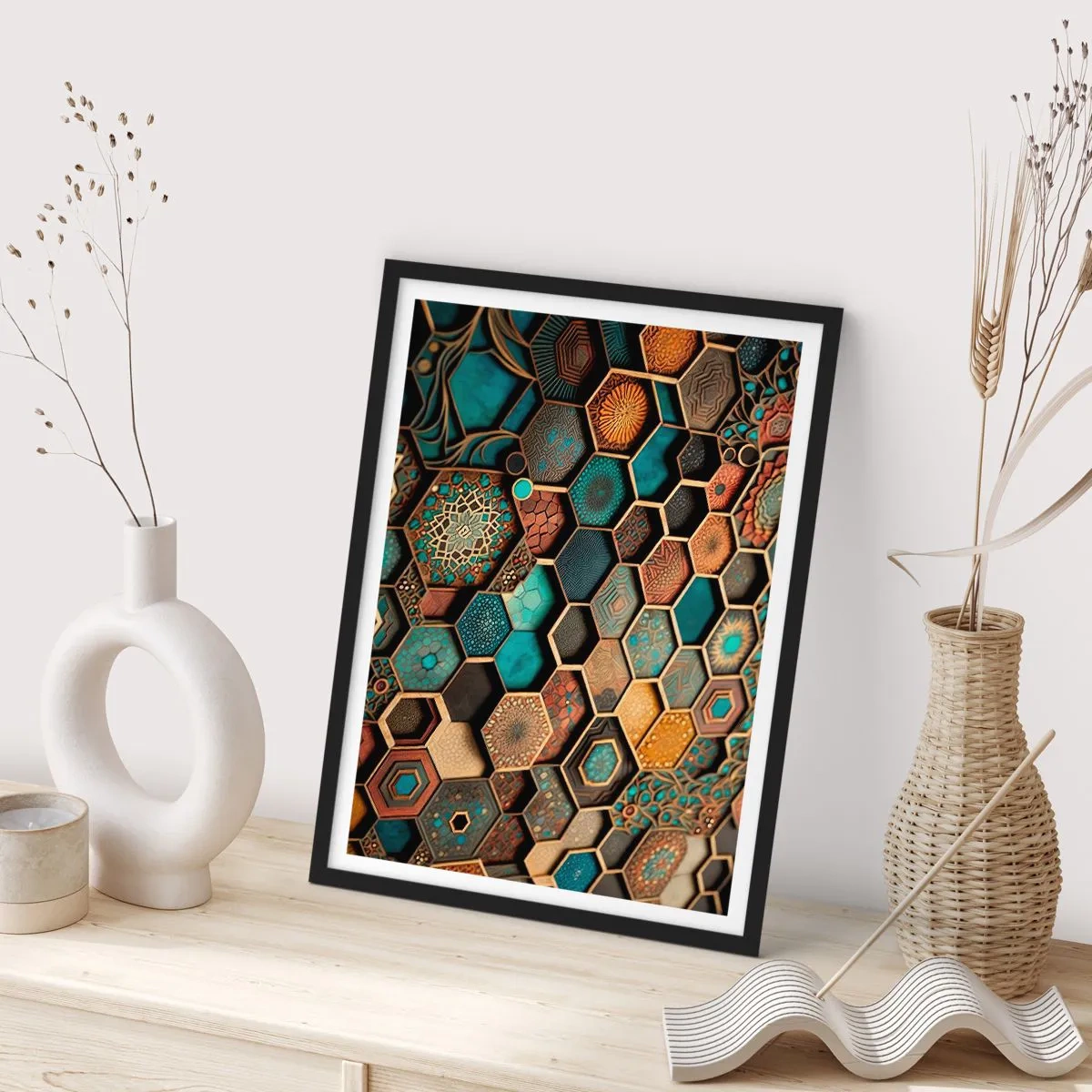 Plakat i sort ramme - En geometrisk komposition af sekskanter i en guld- og turkis palet. - 50x70cm - Arabiske ornamenter - en variation - Moderne vægdekoration til stue og soveværelse ARTTOR