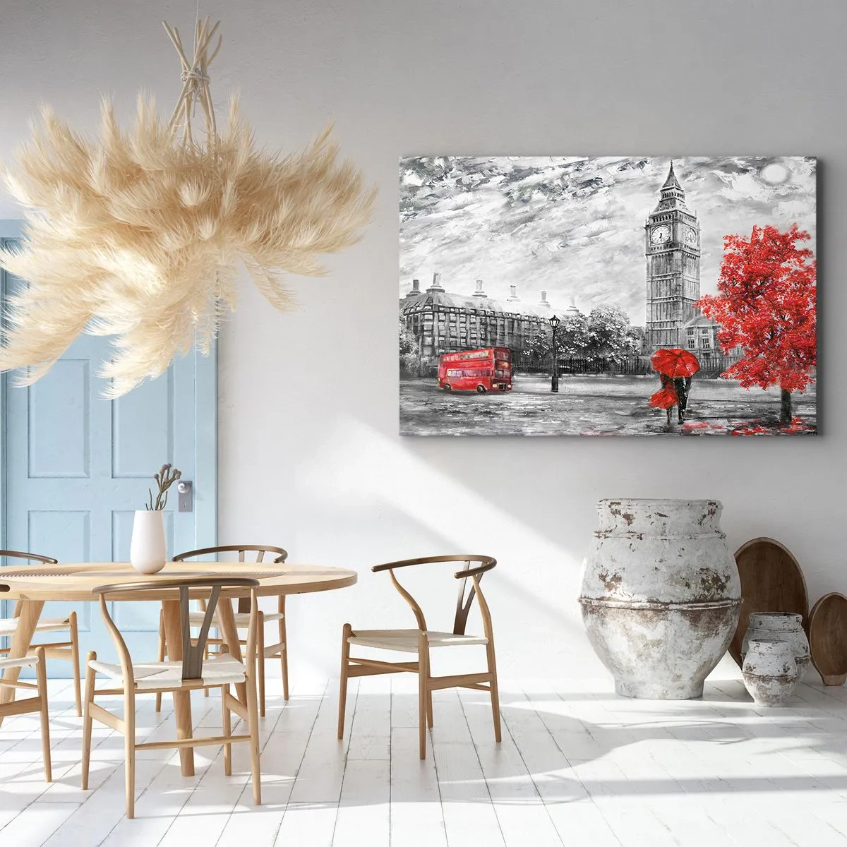 Lærredstryk - Billede på lærred - Ikonisk udsigt over London med Big Ben, en rød bus og en paraply - 70x50cm - En spændende dag - Moderne vægdekoration til stue og soveværelse ARTTOR