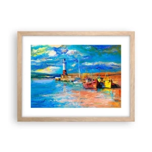 Plakat i ramme af lyst egetræ - Eftermiddag i regnbuebugten - 40x30 cm