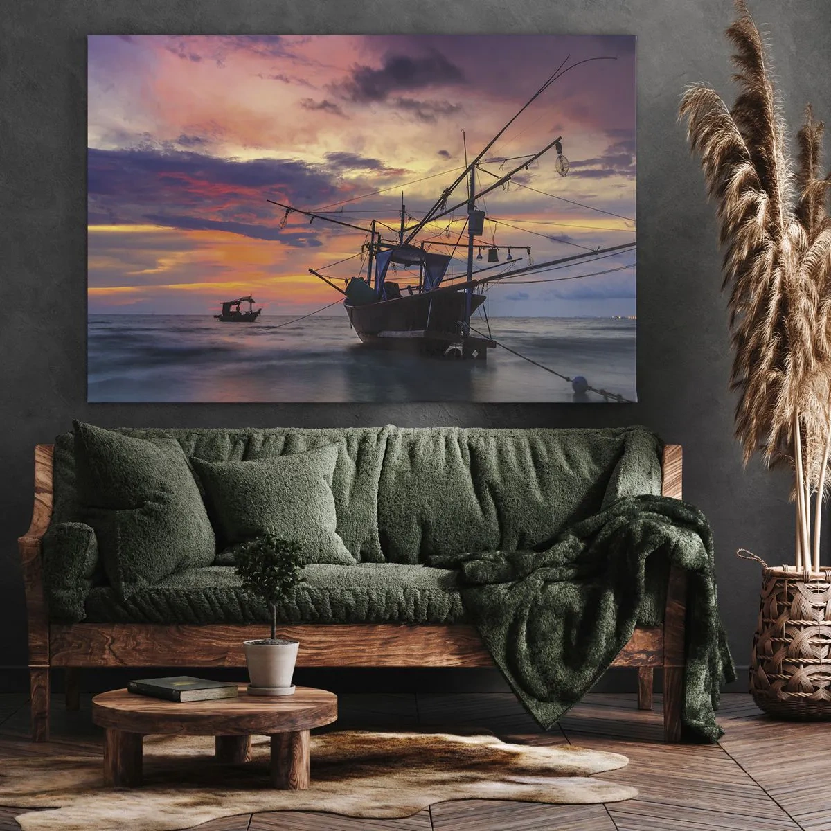 Lærredstryk - Billede på lærred - En fiskerbåd mod en farverig solnedgangs baggrund - 70x50cm - En eksotisk aften - Moderne vægdekoration til stue og soveværelse ARTTOR