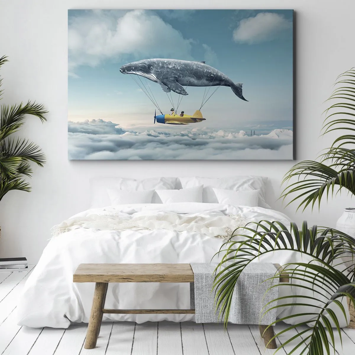 Lærredstryk - Billede på lærred - En flyvende hval bærer et fly i surrealistiske omgivelser. - 70x50cm - Hvorfor ikke? - Moderne vægdekoration til stue og soveværelse ARTTOR
