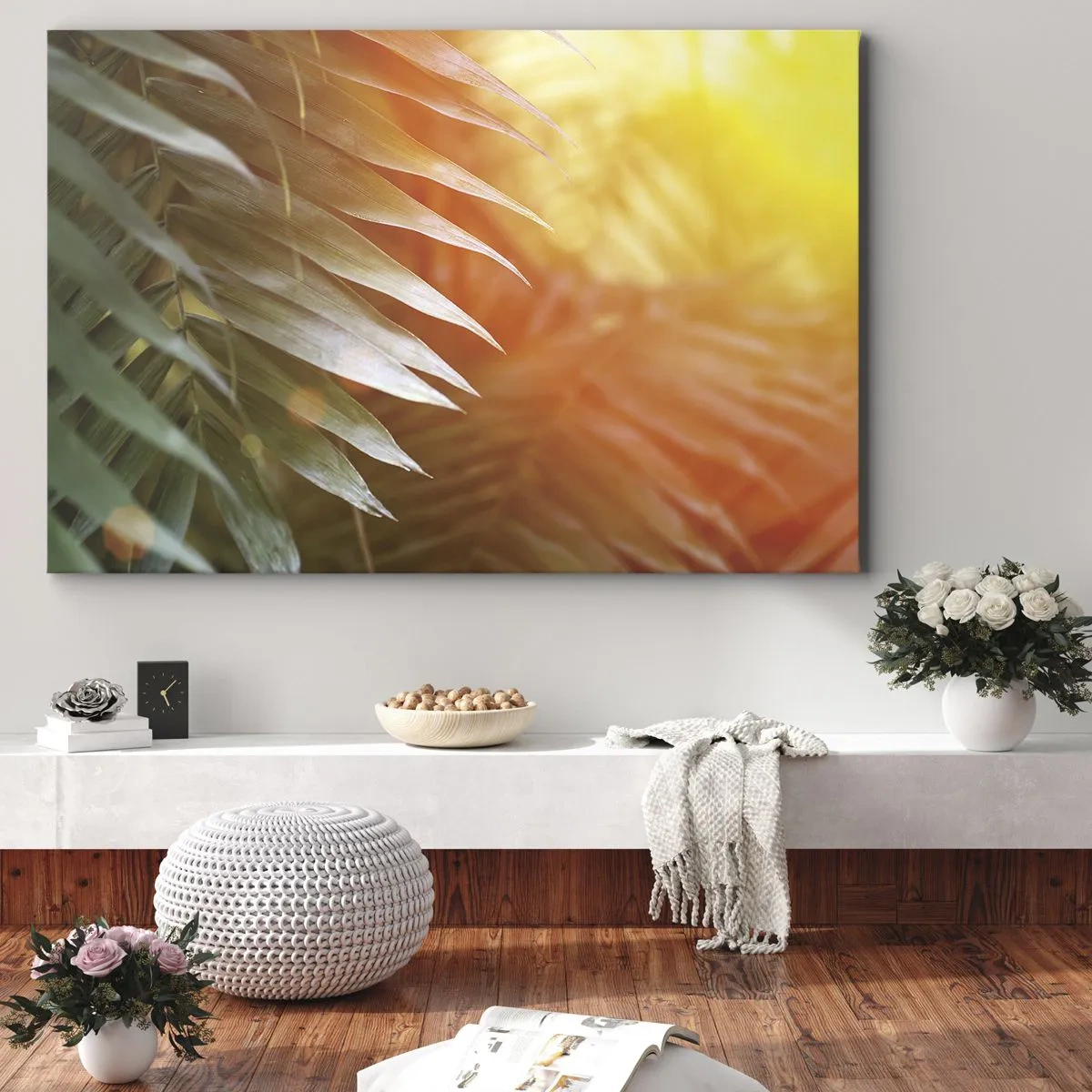 Lærredstryk - Billede på lærred - Palmeblade i solnedgangens stråler - 70x50cm - Morgen i junglen - Moderne vægdekoration til stue og soveværelse ARTTOR