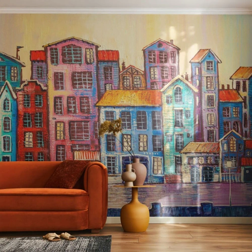 Fototapet Selvklæbende Deluxe Sticker - En by som et eventyr - Stykke, Lejehuse, By - 400x280 cm