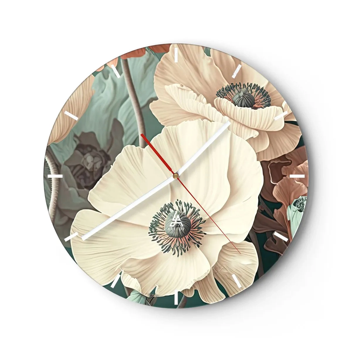 Vægur, Uret - Cremefarvede valmueblomster mod en baggrund af blade i en dæmpet pastelfarve - 30x30cm - Valmuernes hvisken - Moderne vægdekoration til stue, køkken og soveværelse ARTTOR