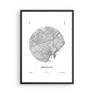 Plakat i sort ramme - Et minimalistisk kort over Barcelona i sort-hvid. - 50x70cm - Barcelonas anatomi - Moderne vægdekoration til stue og soveværelse ARTTOR