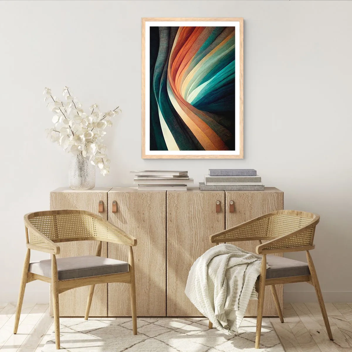 Plakat i ramme af lyst egetræ - Vævet af farver - 70x100 cm