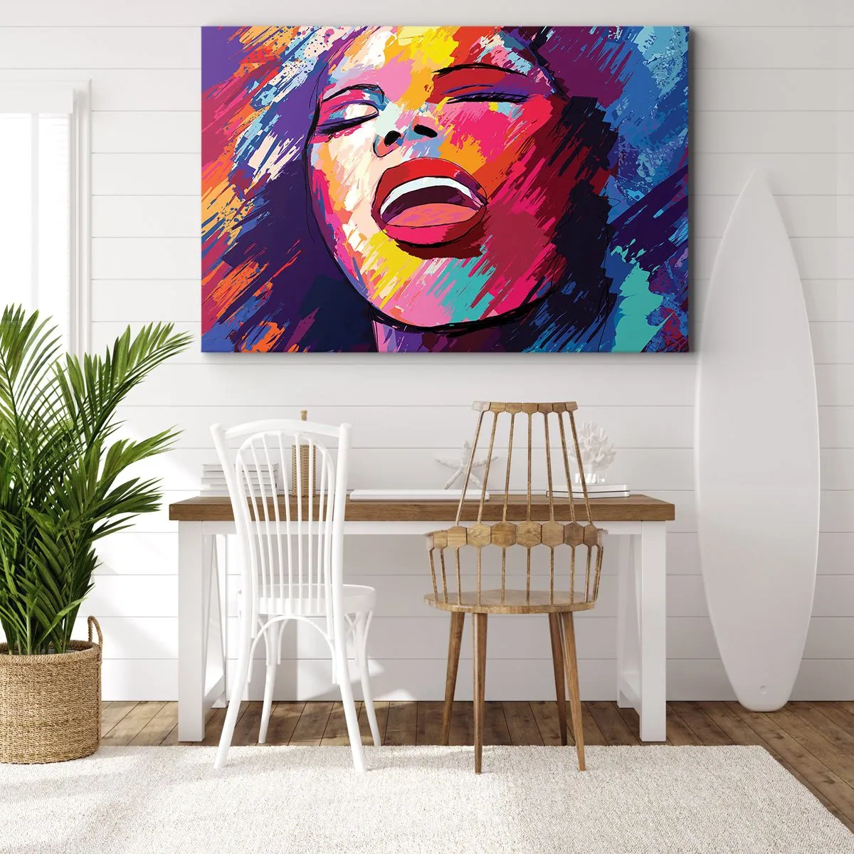 Lærredstryk - Billede på lærred - Abstrakt portræt af en kvinde i levende farver - 70x50cm - Syng hele livet - Moderne vægdekoration til stue og soveværelse ARTTOR