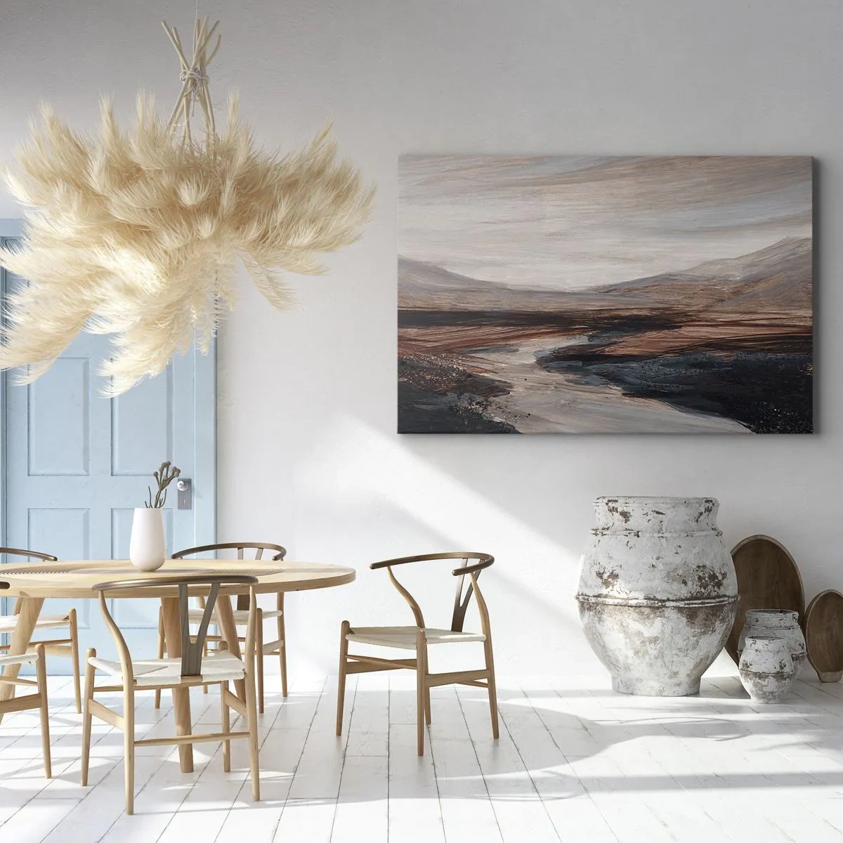 Lærredstryk - Billede på lærred - Et malerisk landskab med en flod og bjerge - 70x50cm - Fredfyldt dal - Moderne vægdekoration til stue og soveværelse ARTTOR