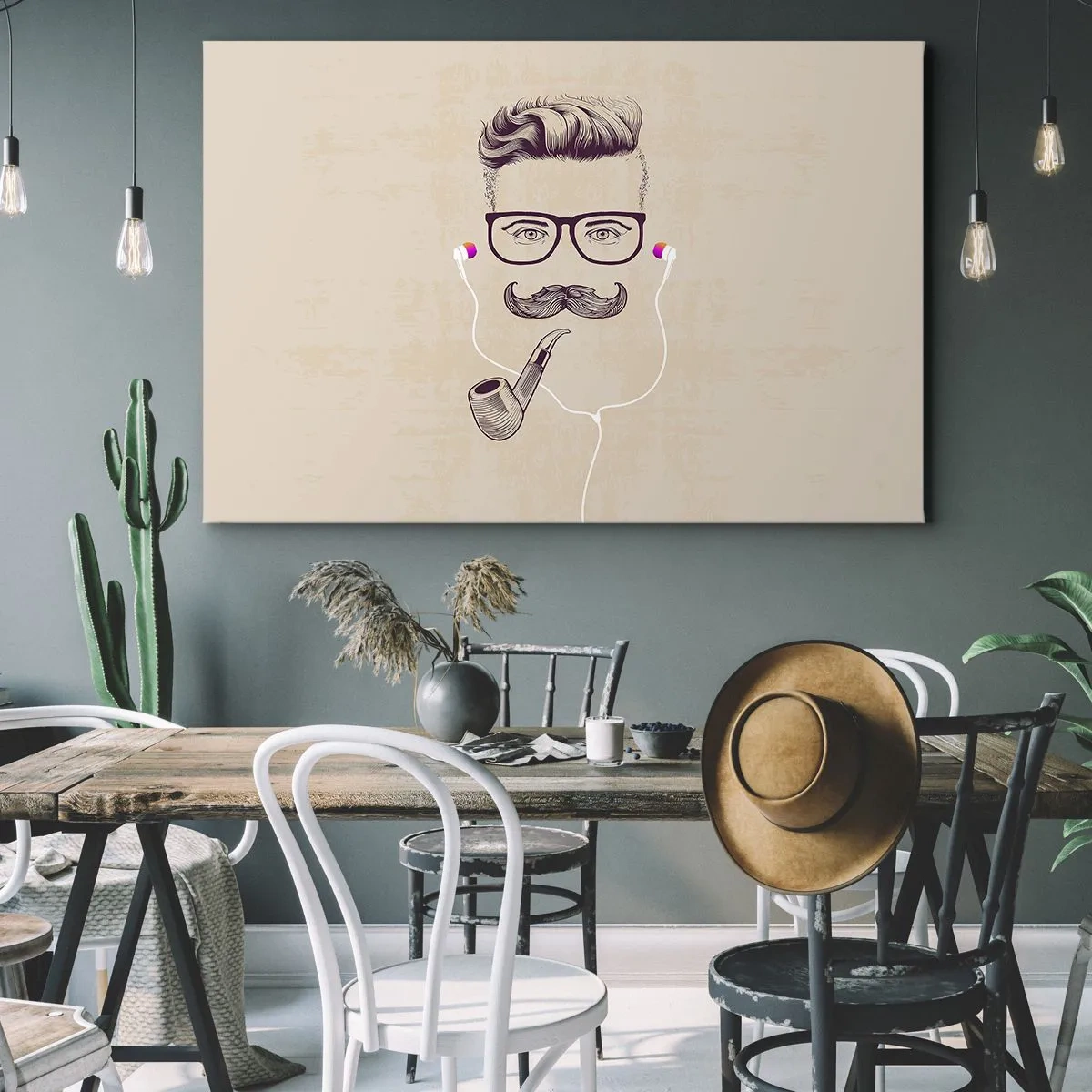 Lærredstryk - Billede på lærred - Retro portræt af en mand med en pibe, hovedtelefoner og briller - 70x50cm - En rigtig mand? - Moderne vægdekoration til stue og soveværelse ARTTOR