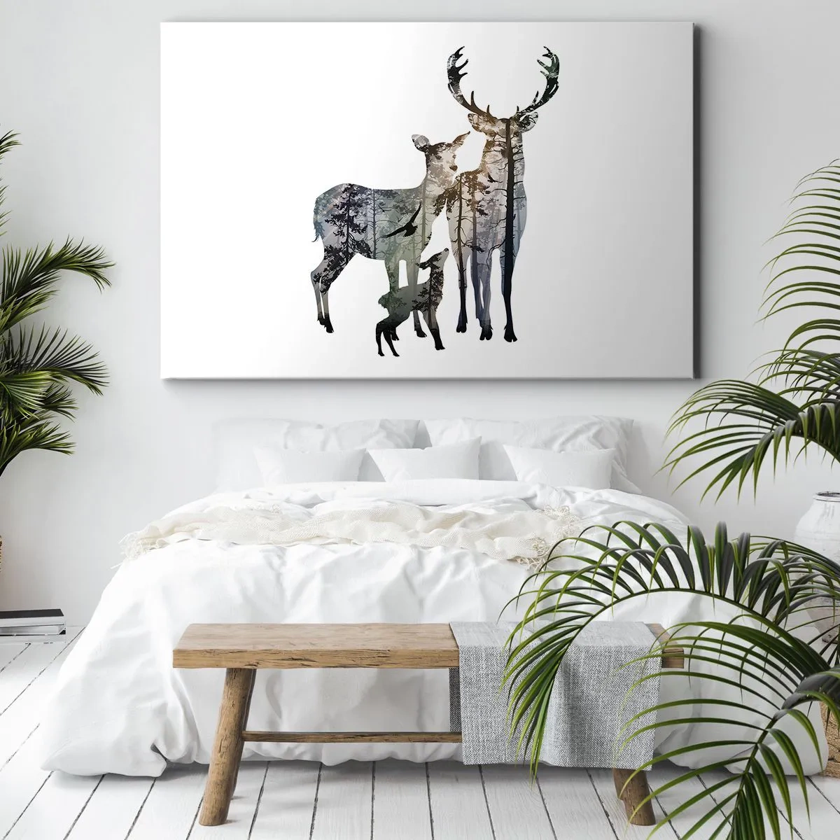 Lærredstryk - Billede på lærred - Skovlandskab i silhuetter af hjorte - 70x50cm - Familiefoto - Moderne vægdekoration til stue og soveværelse ARTTOR