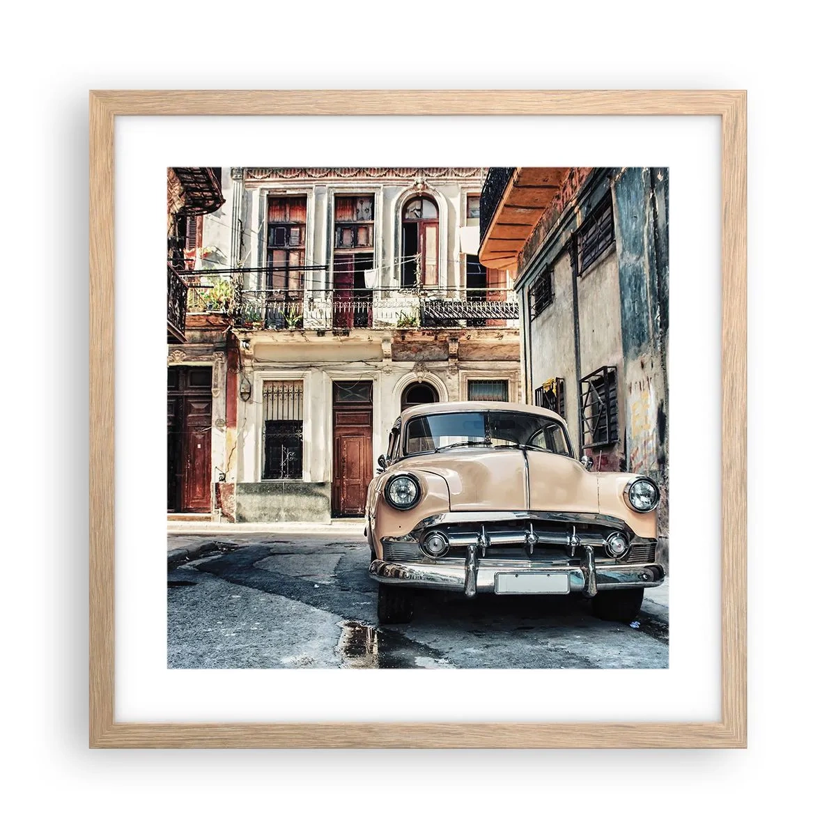 Plakat i ramme af lyst egetræ - Siesta i Havana - 40x40 cm