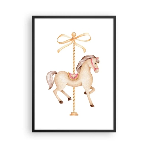 Plakat i sort ramme - En delikat illustration af en karruselhest i pastelfarver - 50x70cm - Med et yndefuldt trav - Moderne vægdekoration til stue og soveværelse ARTTOR