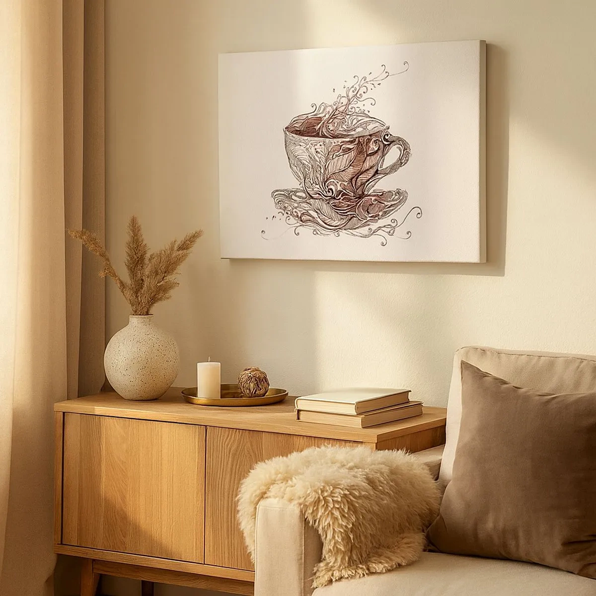 Lærredstryk - Billede på lærred - Dekorativ kaffekop med et kunstnerisk mønster - 70x50cm - Te er godt til alt - Moderne vægdekoration til stue og soveværelse ARTTOR