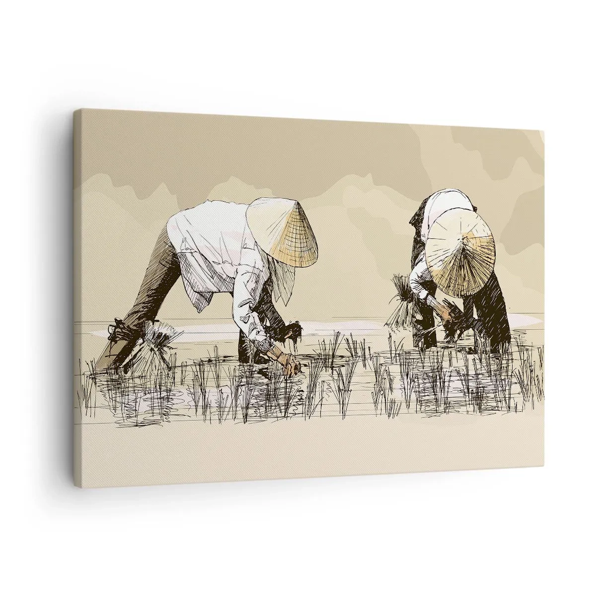 Lærredstryk - Billede på lærred - Landmænd arbejder i en rismark iført traditionel hovedbeklædning - 70x50cm - God høst - Moderne vægdekoration til stue og soveværelse ARTTOR