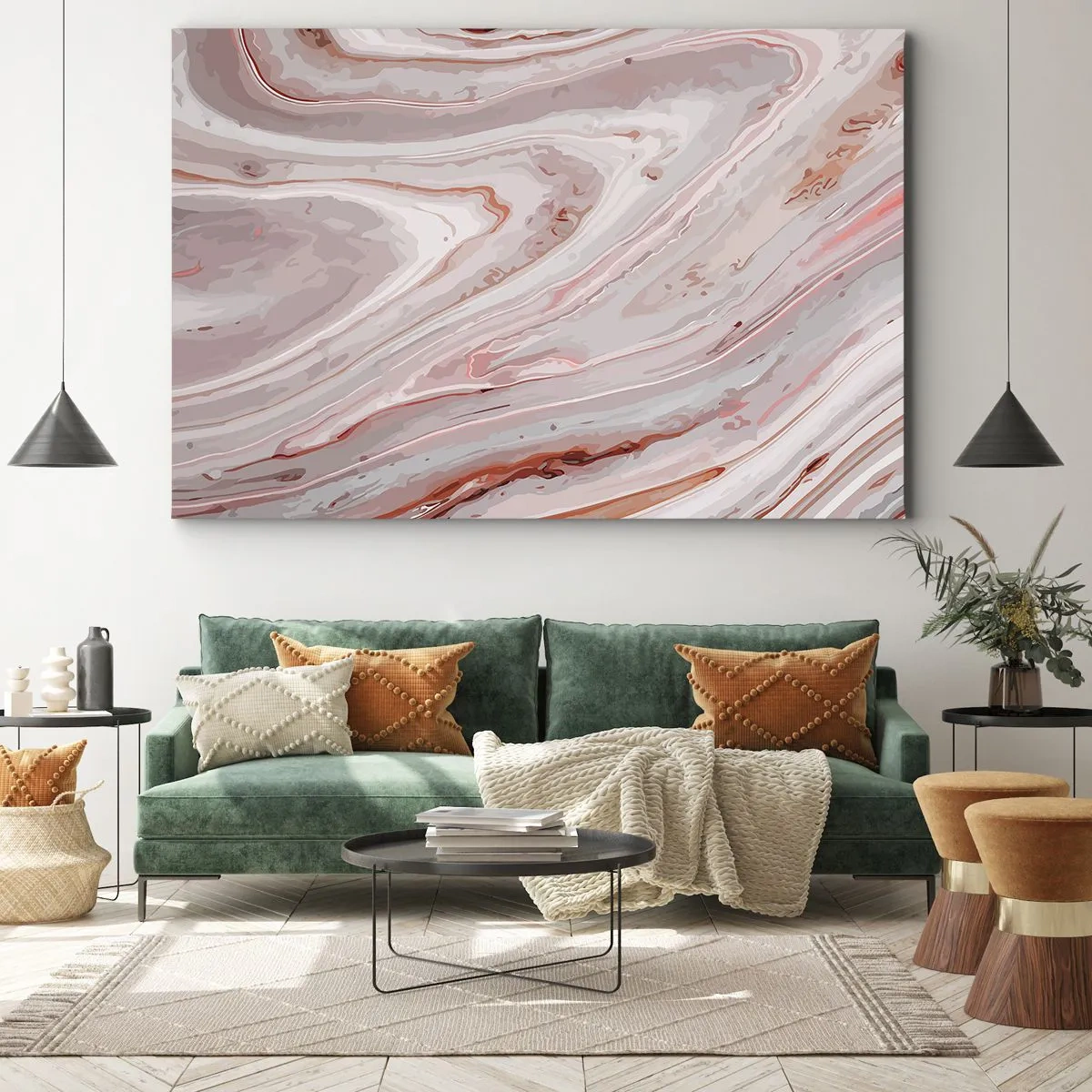 Lærredstryk - Billede på lærred - Abstrakte bølger i sarte nuancer af lyserød og beige - 70x50cm - Flydende lyserødt - Moderne vægdekoration til stue og soveværelse ARTTOR