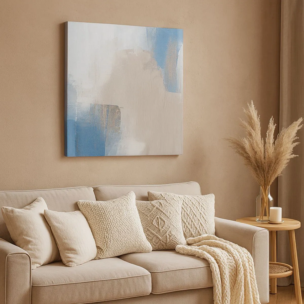 Lærredstryk - Billede på lærred - Lyserød abstraktion bag et slør af blåt - 30x30 cm